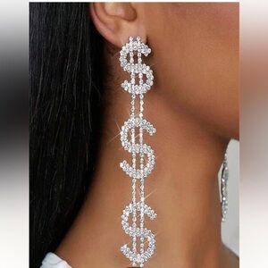 1pair Silver Dollar Sign Long Pendant Earrings Accessory Silver / one-size